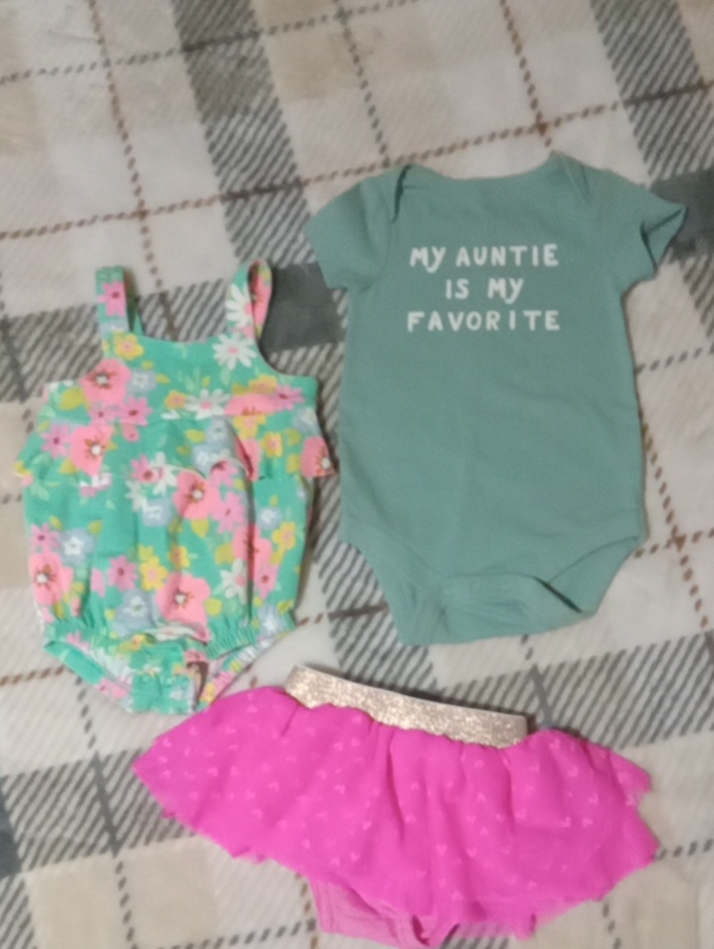 Cat & Jack Green Onesie, Floral Green Romper & Pink Skirt Set